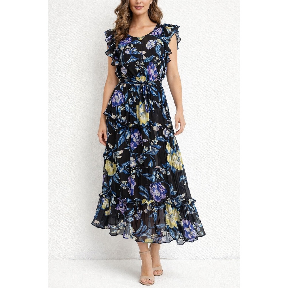 Rachel Roy Floral Chiffon Midi Dress‎ Black Blue Yellow Romantic Flutter Sleeve